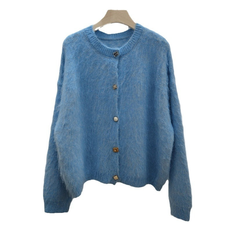 Soft Sticky Mohair Knitted Cardigan Women's Long Sleeve Sweater Coat