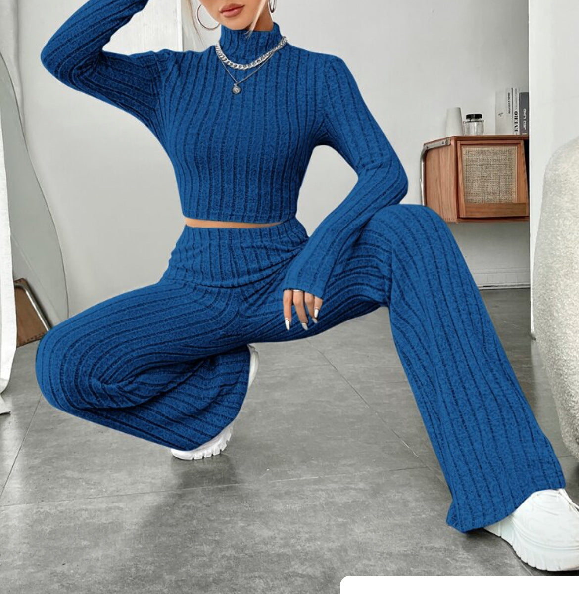 Turtlenecks Wide Leg High Waist Trousers Suit