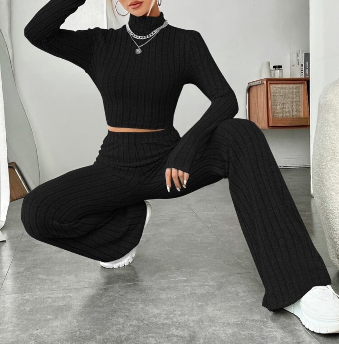 Turtlenecks Wide Leg High Waist Trousers Suit