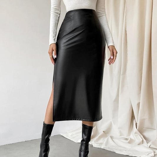 Commuter French Sheath PU Leather Skirt Autumn