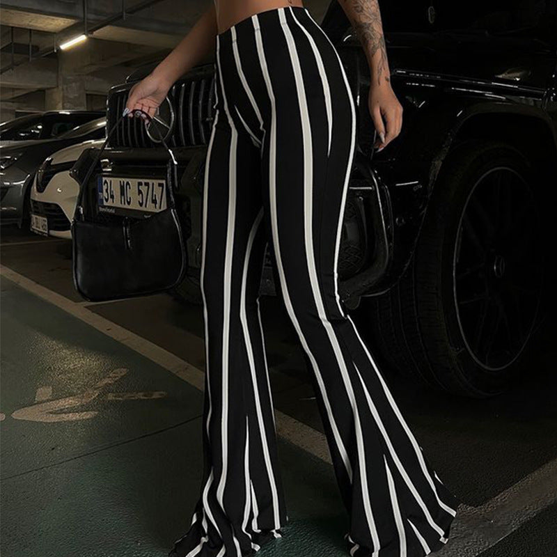 Striped  Flared Black And White Contrast Casual Pants