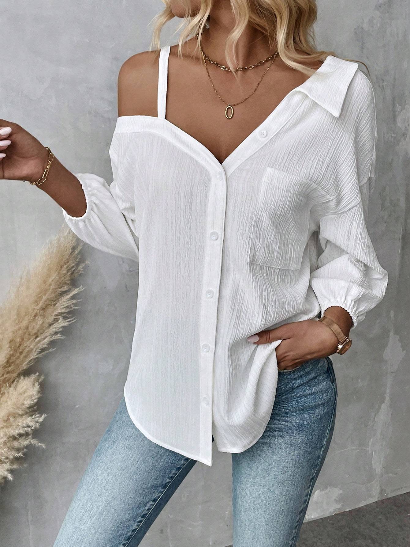 Solid Color White Asymmetric Collar Dropped Shoulder