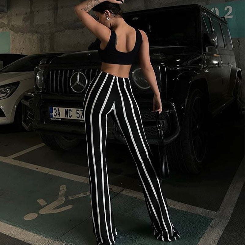 Striped  Flared Black And White Contrast Casual Pants