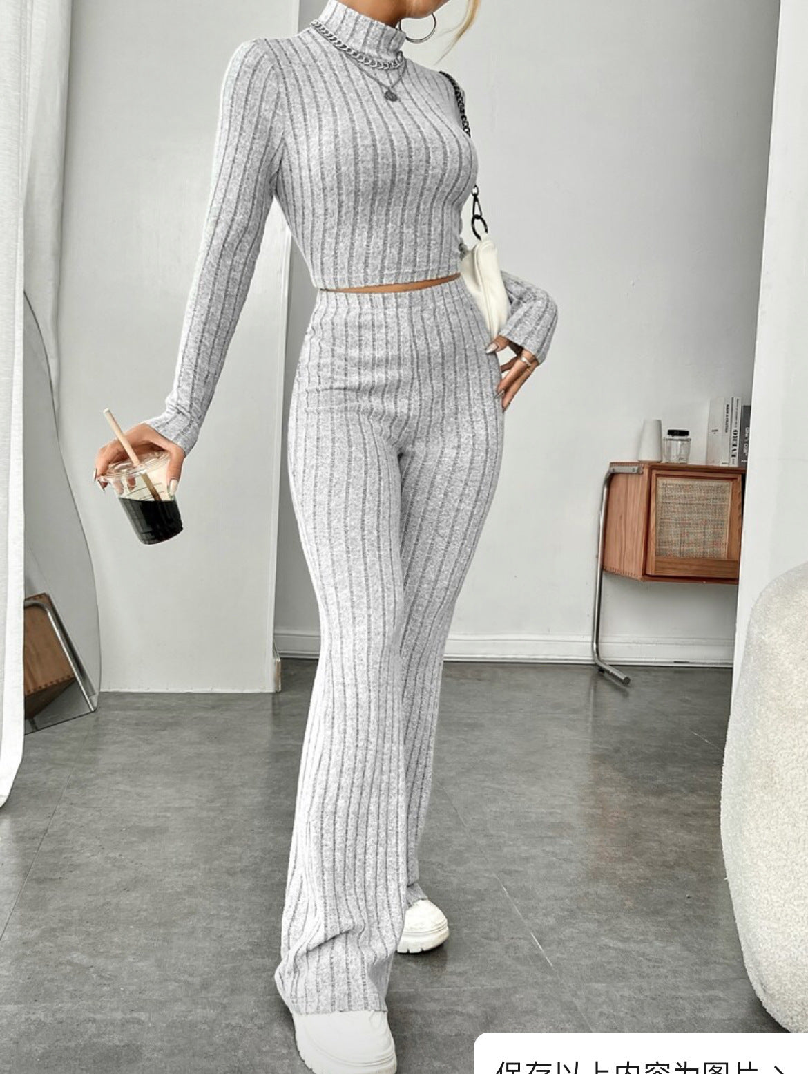 Turtlenecks Wide Leg High Waist Trousers Suit