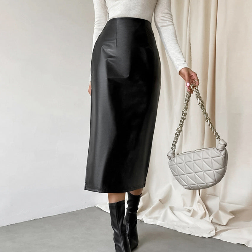 Commuter French Sheath PU Leather Skirt Autumn