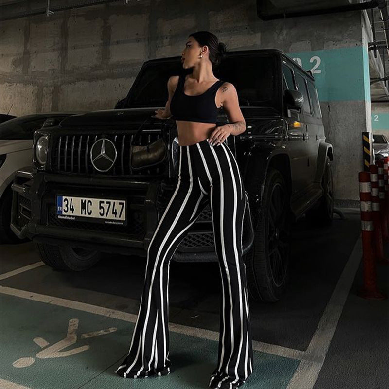 Striped  Flared Black And White Contrast Casual Pants