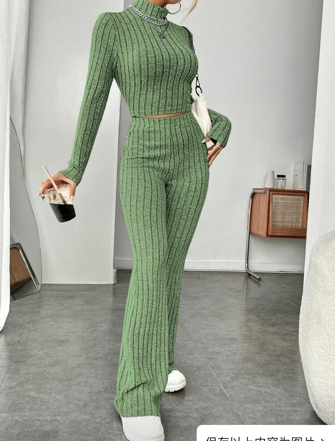 Turtlenecks Wide Leg High Waist Trousers Suit