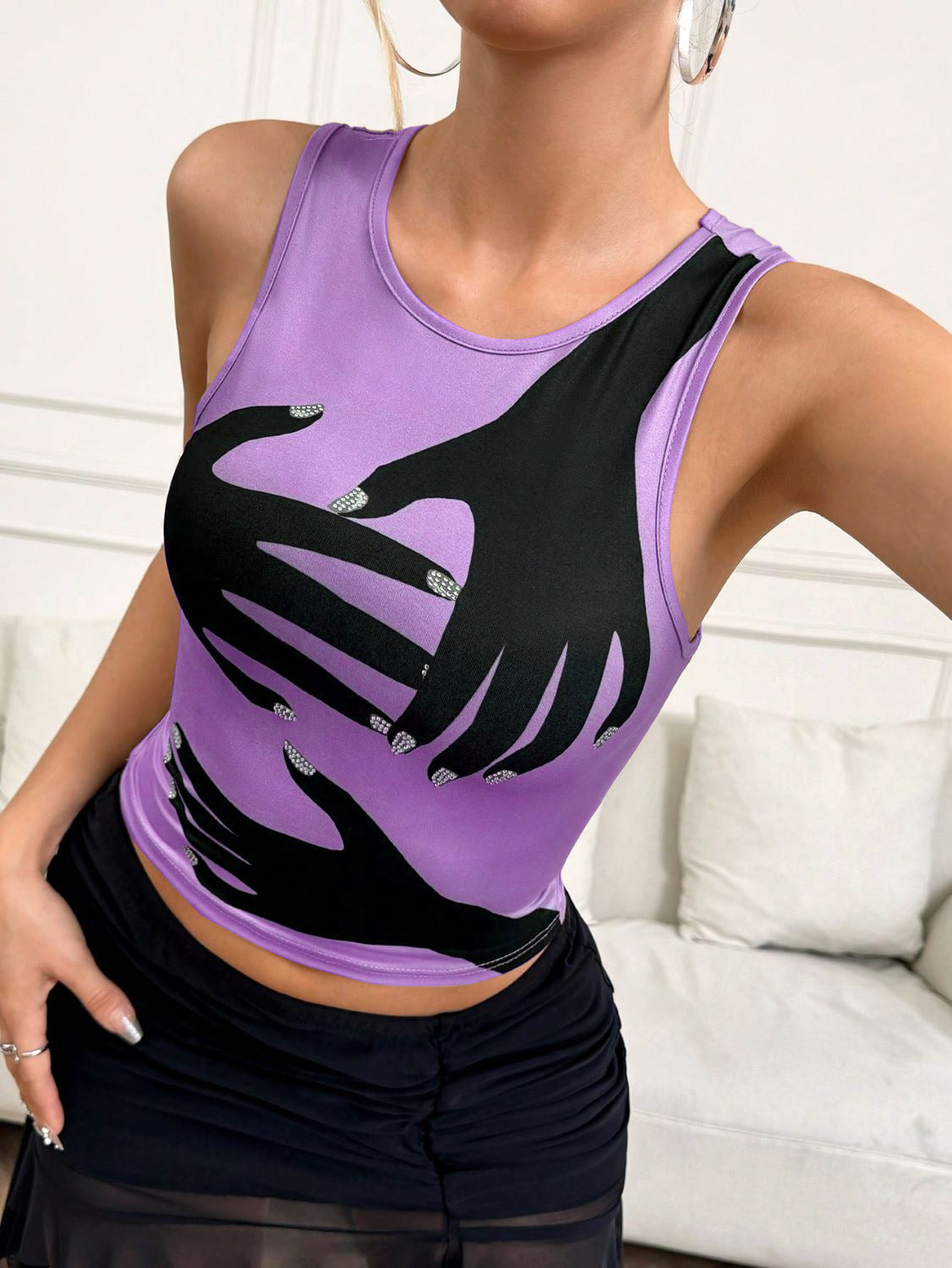 funky  Sleeveless Positioning Printed Round Neck Vest