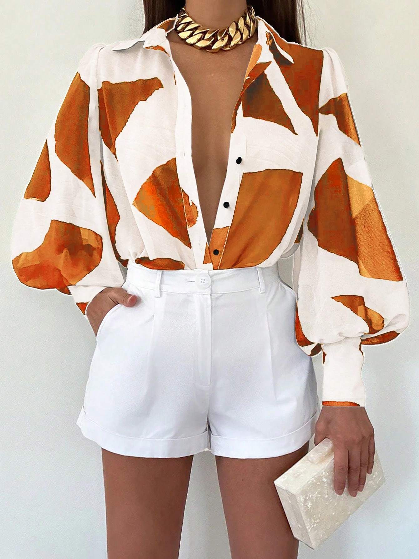 Long Sleeve Allover Print Blouse With Shirt Collar, Casual Everyday