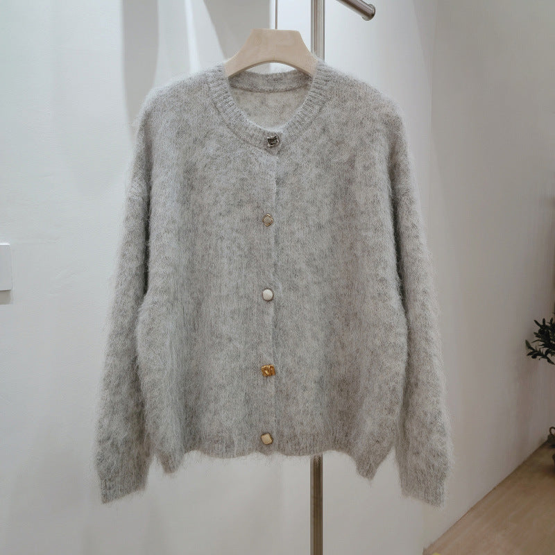 Soft Sticky Mohair Knitted Cardigan Women's Long Sleeve Sweater Coat