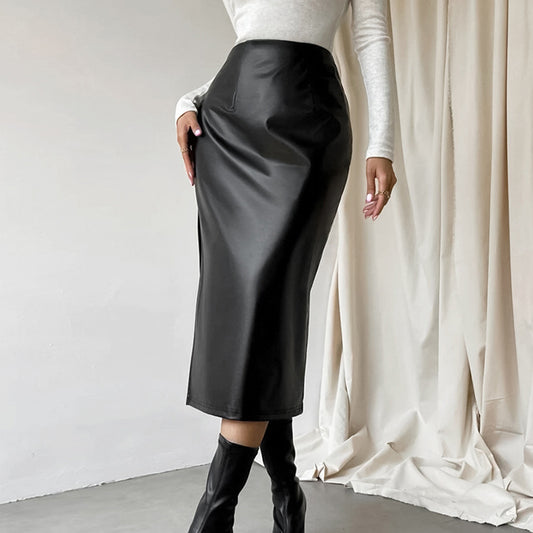 Commuter French Sheath PU Leather Skirt Autumn