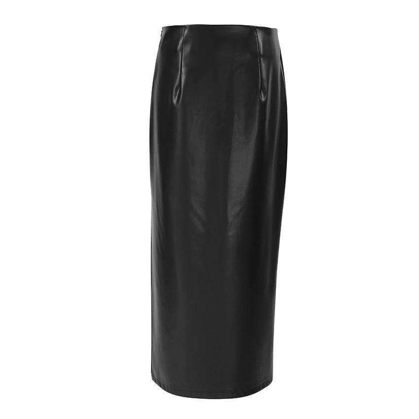 Commuter French Sheath PU Leather Skirt Autumn