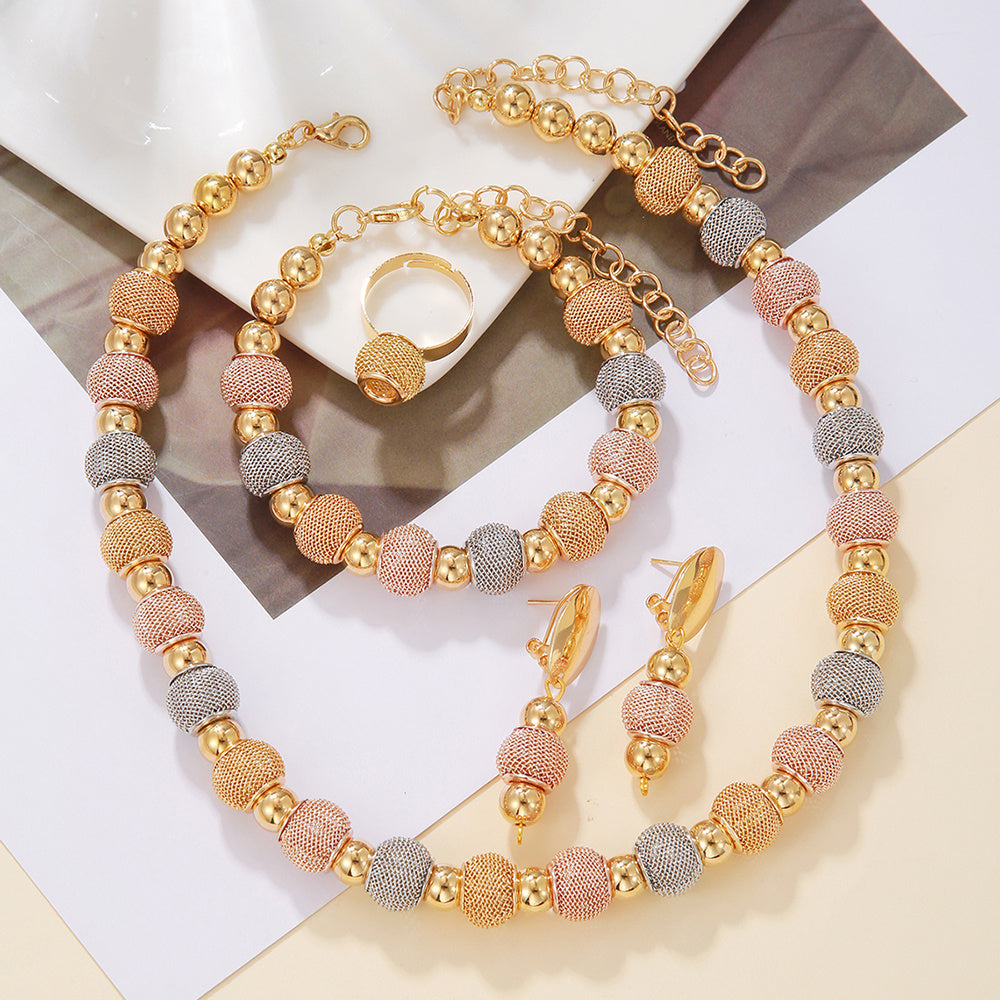 5Pcs Metallic Beaded Necklaces Two Color Gold Bead Earrings Bracelets Suitable For Daily Wear Holiday Jewelry Gifts