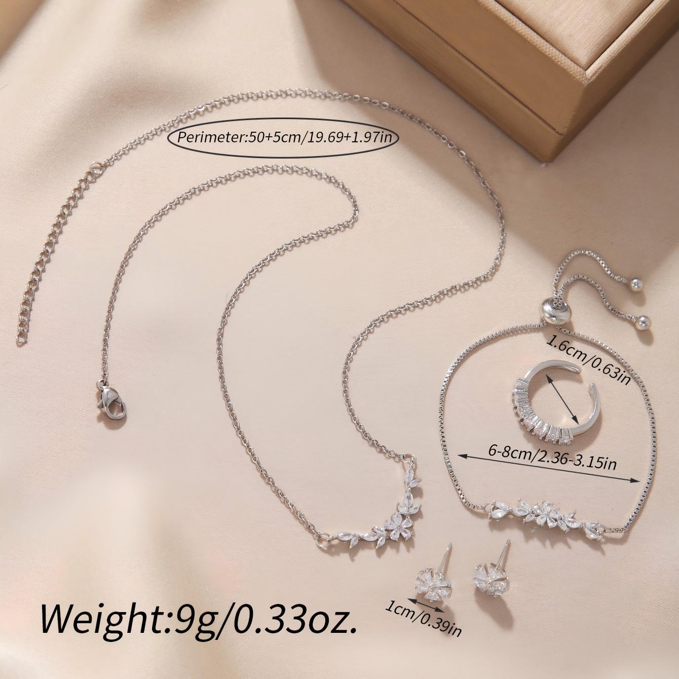 Elegant Zircon Inlaid Jewelry Set Silver Flower Necklace Exquisite Earrings Bracelet Ring