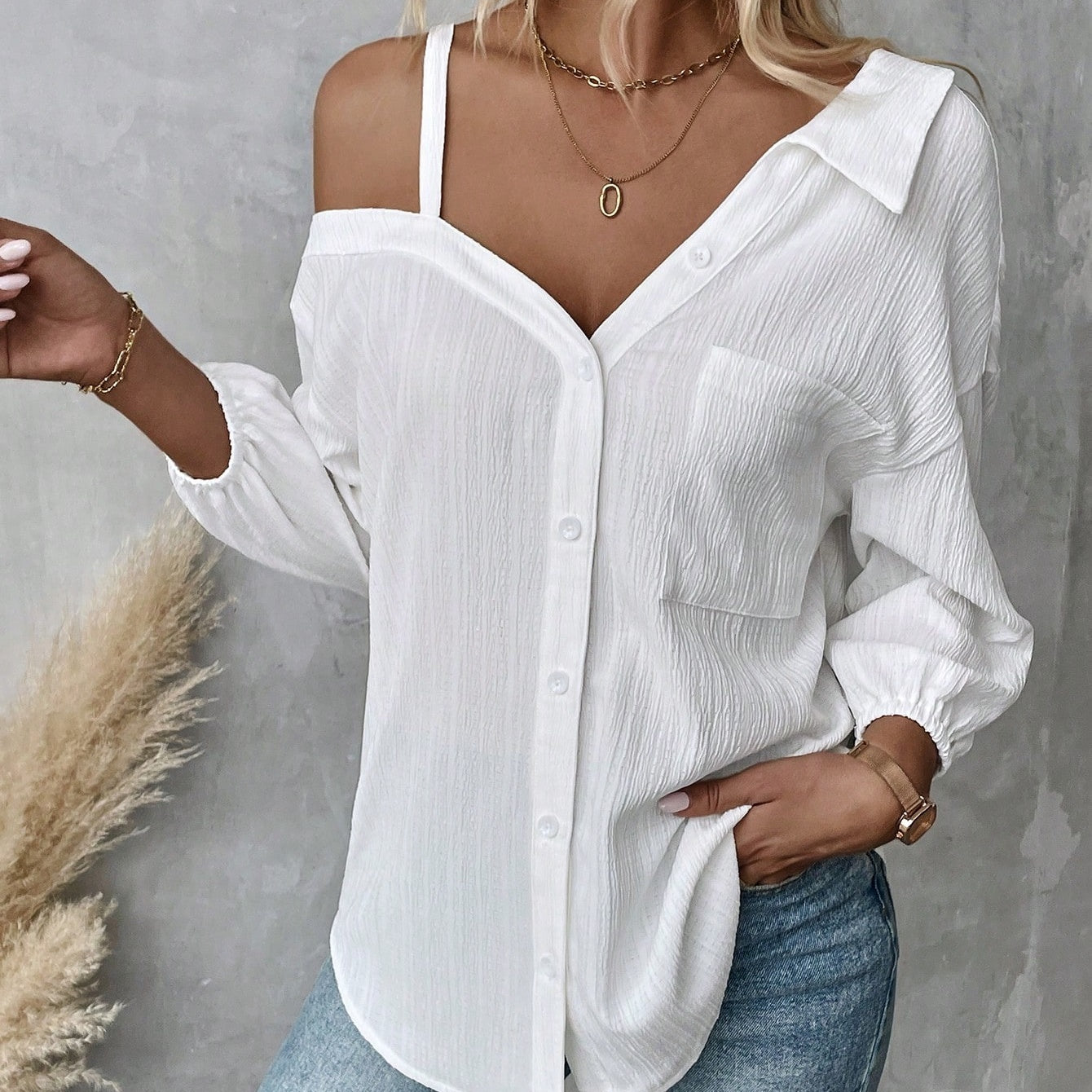 Solid Color White Asymmetric Collar Dropped Shoulder