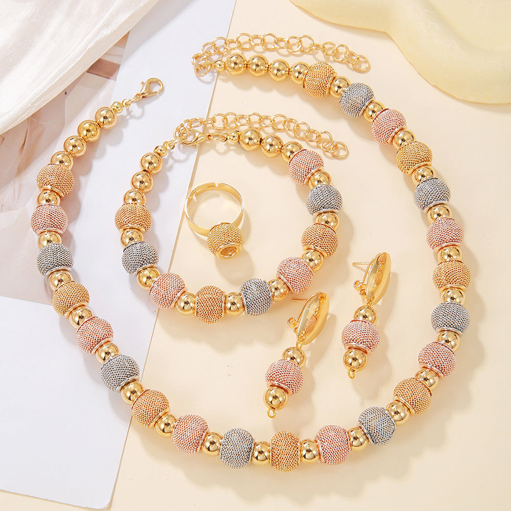 5Pcs Metallic Beaded Necklaces Two Color Gold Bead Earrings Bracelets Suitable For Daily Wear Holiday Jewelry Gifts