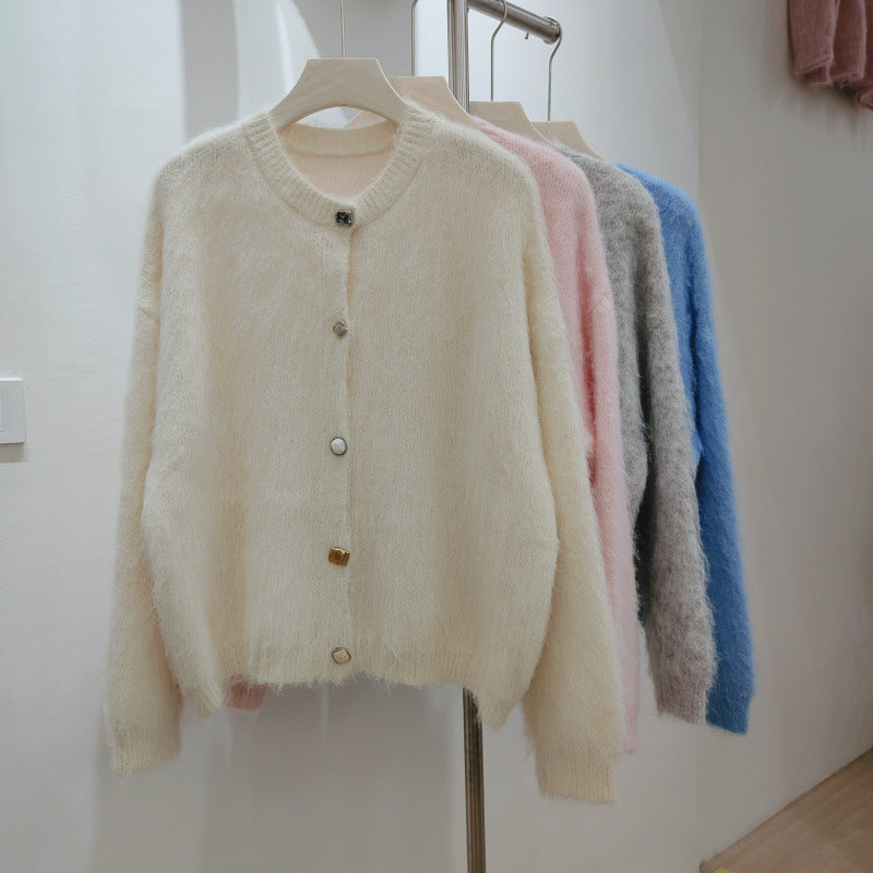 Soft Sticky Mohair Knitted Cardigan Women's Long Sleeve Sweater Coat