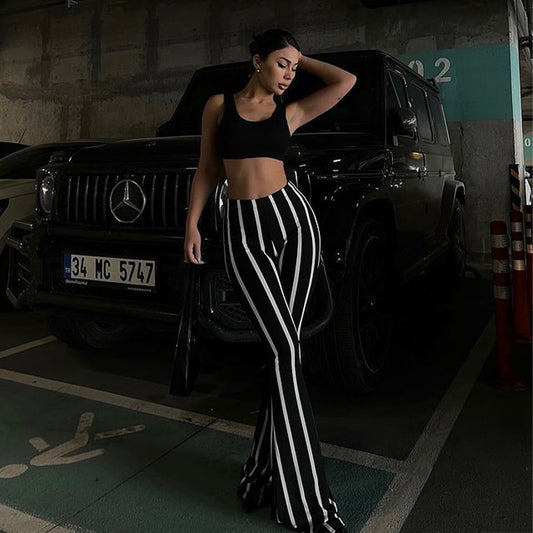 Striped  Flared Black And White Contrast Casual Pants