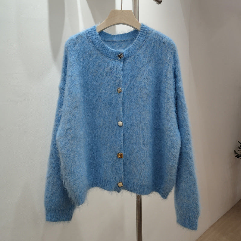 Soft Sticky Mohair Knitted Cardigan Women's Long Sleeve Sweater Coat