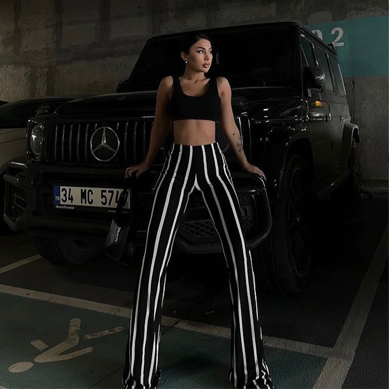 Striped  Flared Black And White Contrast Casual Pants