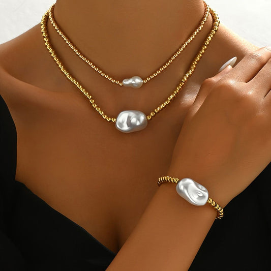 Precious 14K Golden Beaded Pearl  Necklace And Bracelet Set