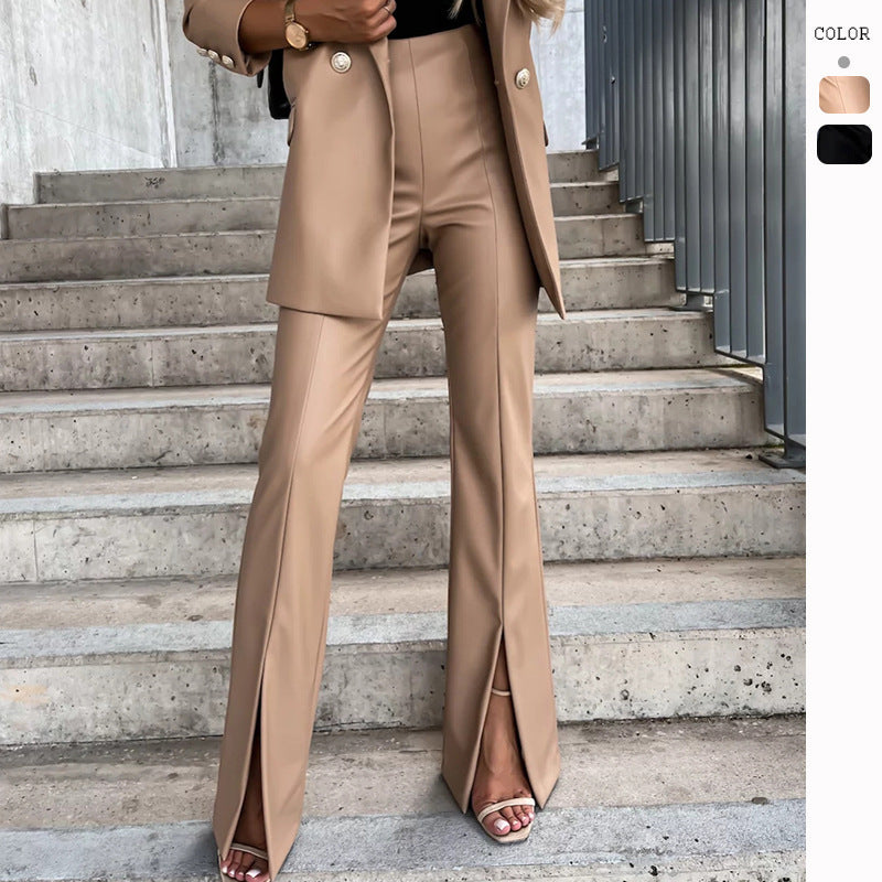 Elegant Slim Fit Casual Slit Leather Pants Women