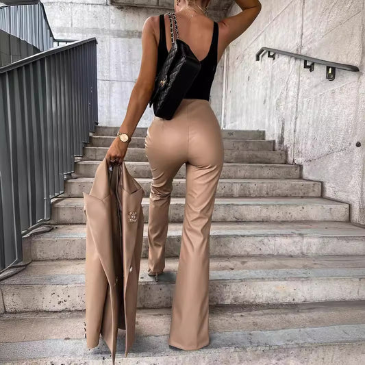 Elegant Slim Fit Casual Slit Leather Pants Women