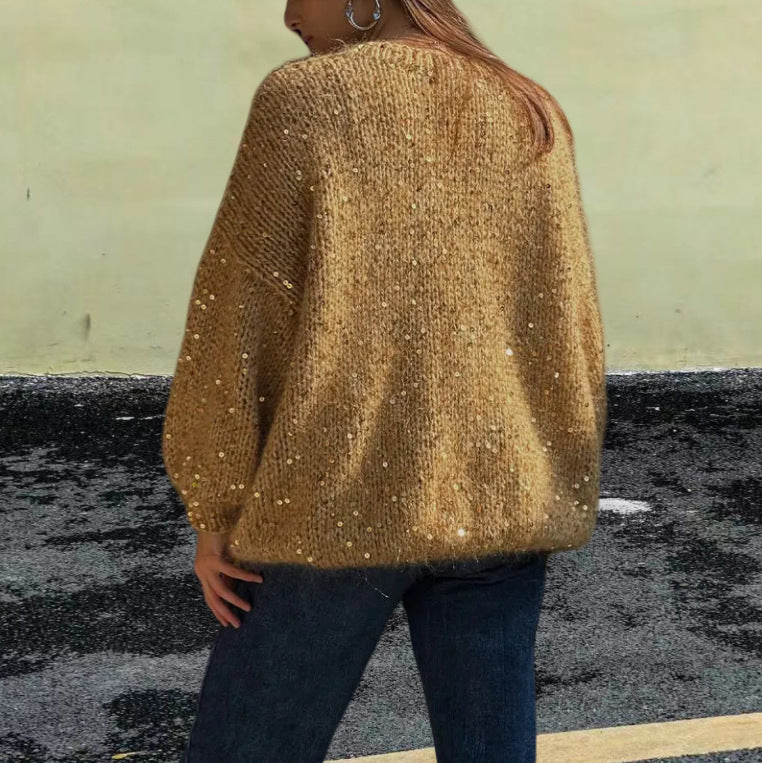 Loose Round Neck Fashion Sequined Mohair Sweater Lantern Sleeve