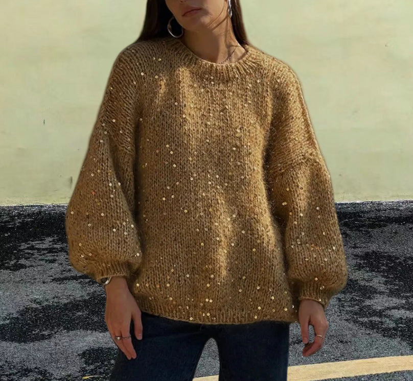 Loose Round Neck Fashion Sequined Mohair Sweater Lantern Sleeve