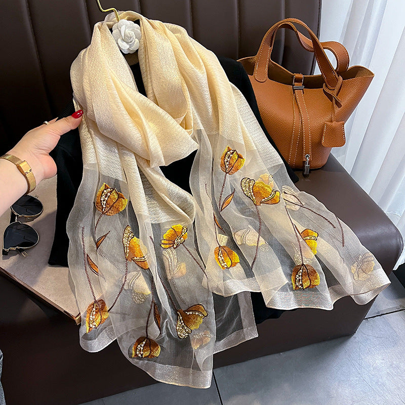Chinese Style Pearl Flower Scarf Embroidered Silk Scarf Warm Shawl