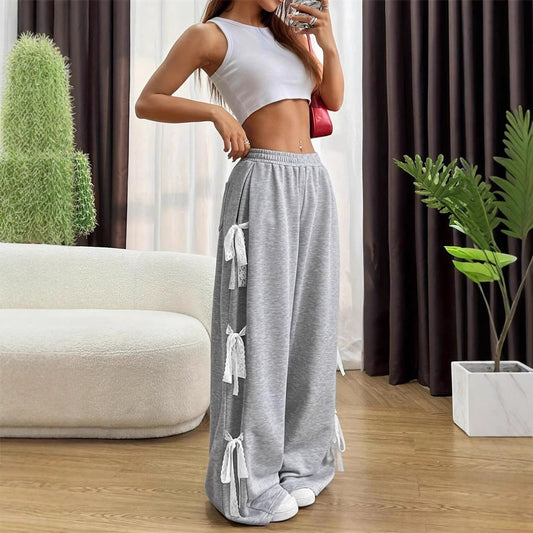 Fashion Street Fashion Bow Lace Stitching Personality Wide Leg Pants