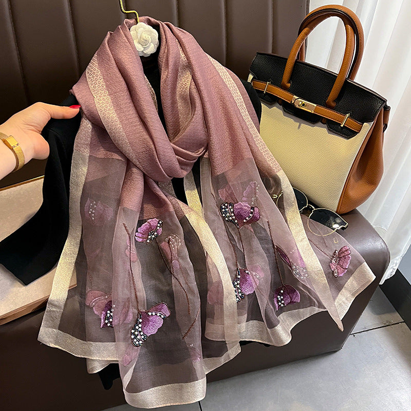 Chinese Style Pearl Flower Scarf Embroidered Silk Scarf Warm Shawl