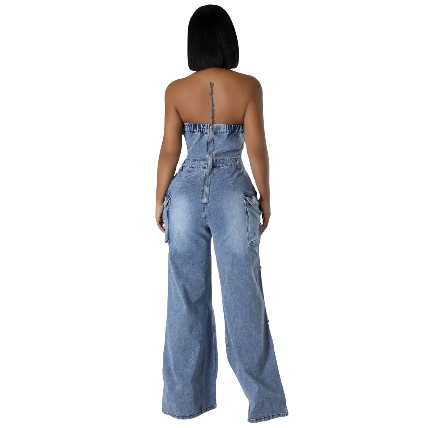 Slim Fit Backless Stretch Flared Sleeveless Denim Jumpsuit