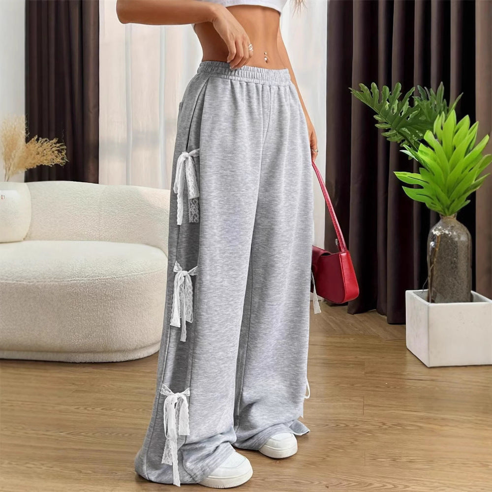 Fashion Street Fashion Bow Lace Stitching Personality Wide Leg Pants