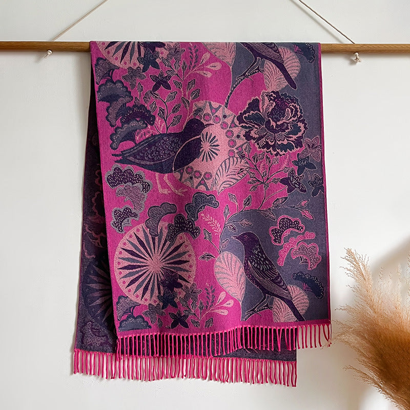 Birds And Plants Collision Combination Elegant Going Out Cashmere-like Warm Scarf Shawl