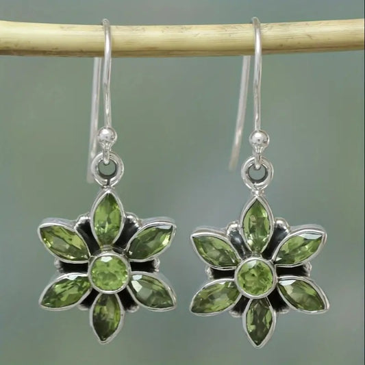 Fengfeng Green Crystal Flower Pendant Earrings