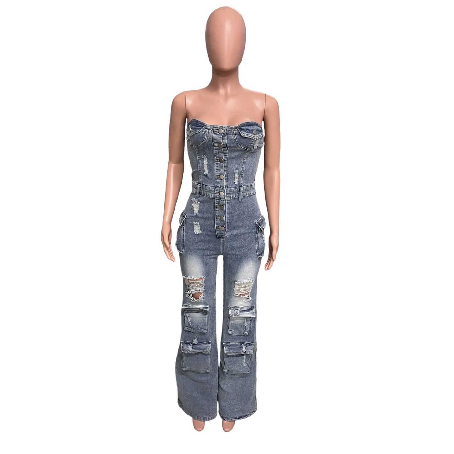 Slim Fit Backless Stretch Flared Sleeveless Denim Jumpsuit