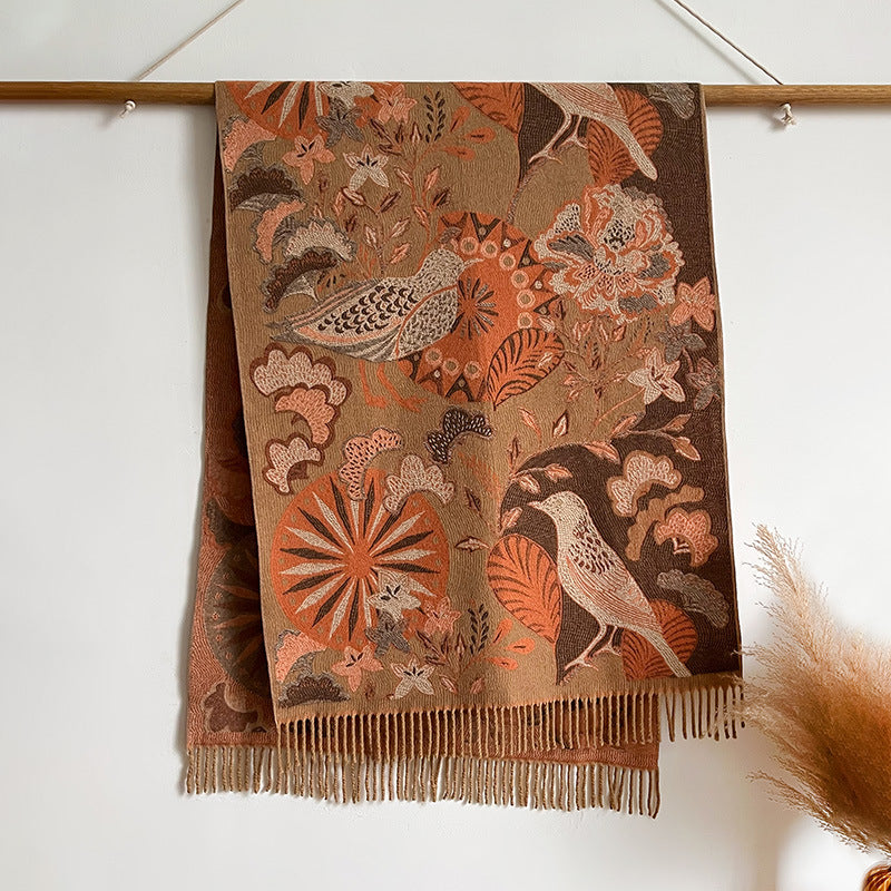 Birds And Plants Collision Combination Elegant Going Out Cashmere-like Warm Scarf Shawl