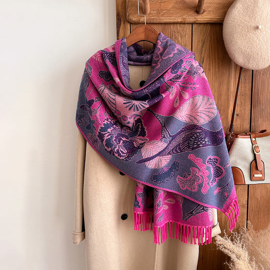 Birds And Plants Collision Combination Elegant Going Out Cashmere-like Warm Scarf Shawl