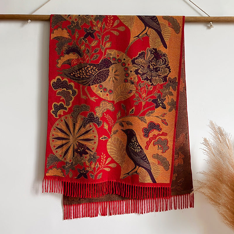 Birds And Plants Collision Combination Elegant Going Out Cashmere-like Warm Scarf Shawl