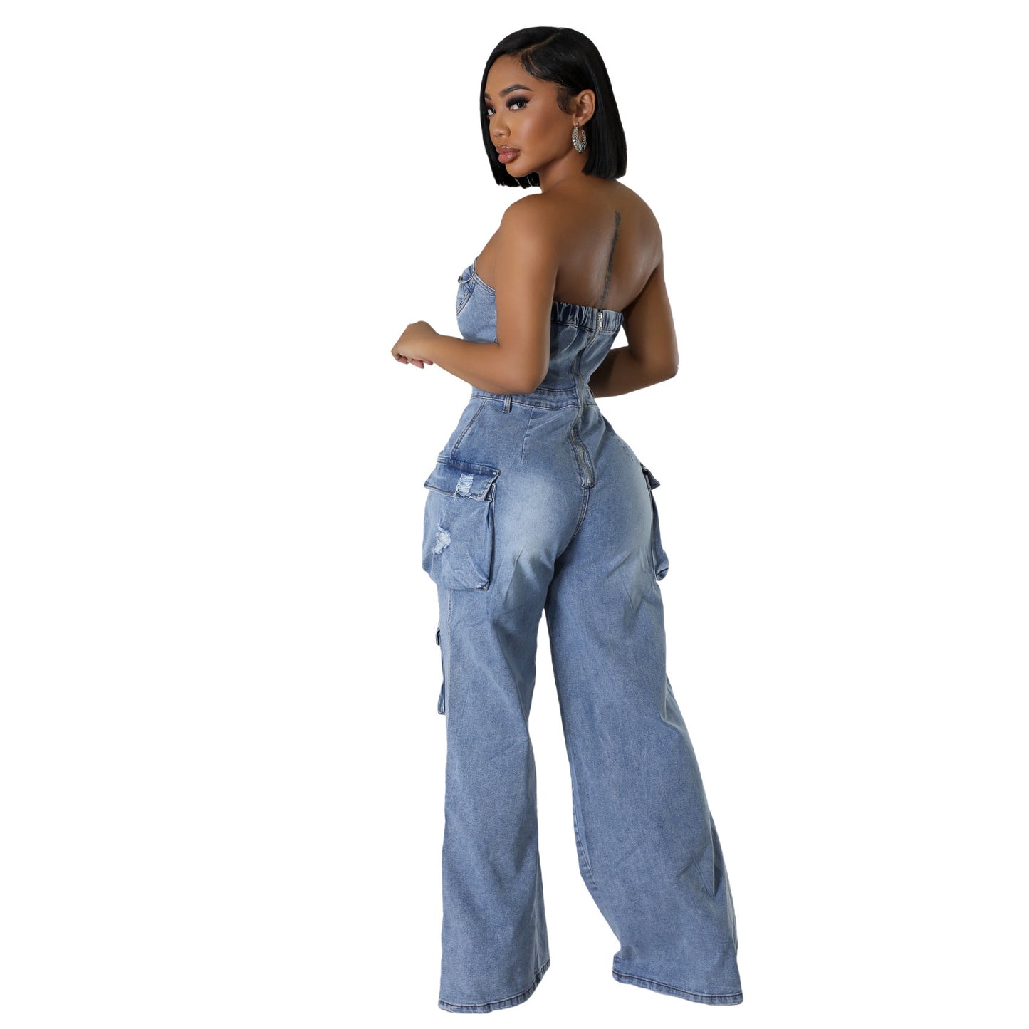 Slim Fit Backless Stretch Flared Sleeveless Denim Jumpsuit