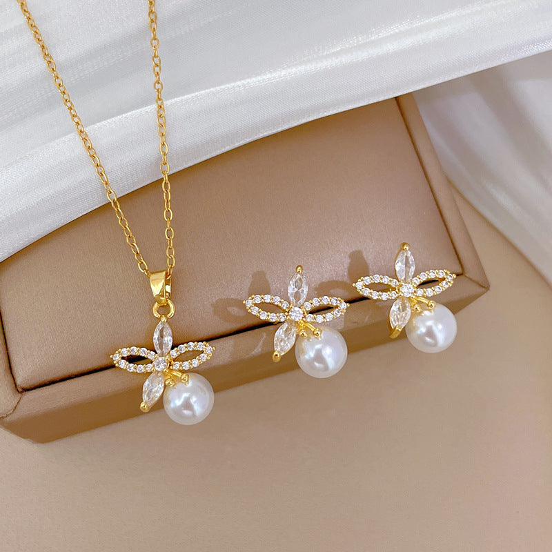 Necklace And Earrings Suite Light Luxury Full Diamond