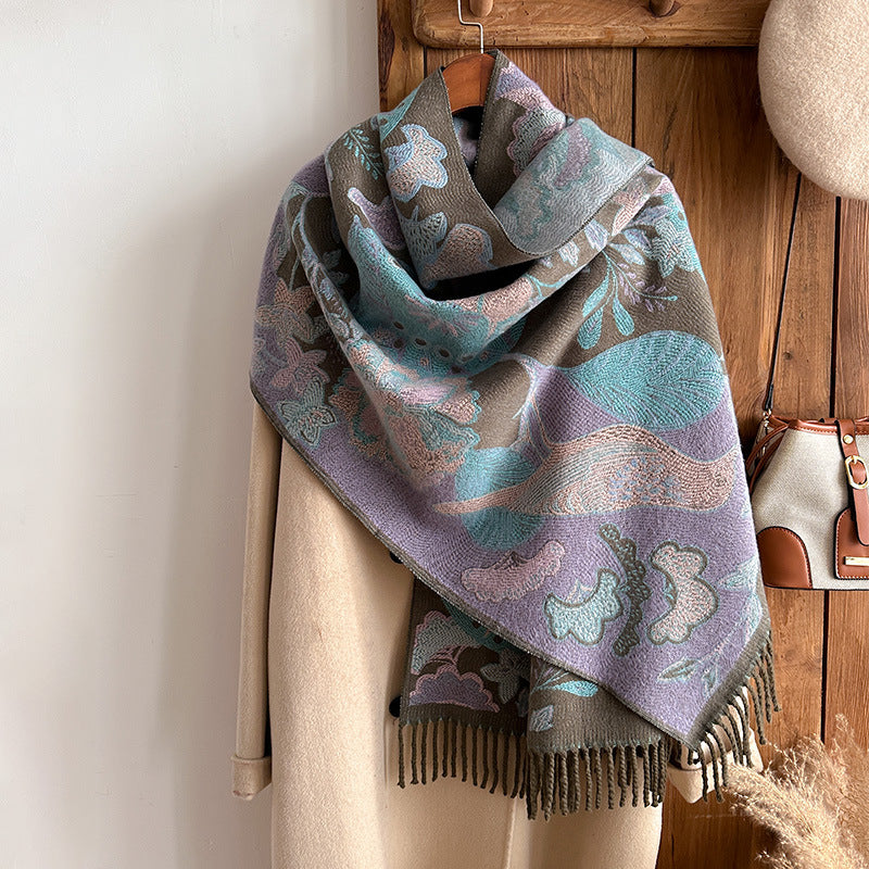 Birds And Plants Collision Combination Elegant Going Out Cashmere-like Warm Scarf Shawl