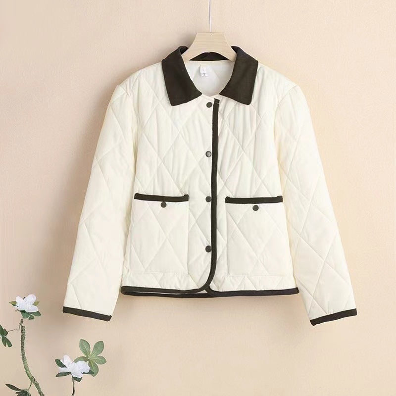 Style Hit Color Diamond Lattice Lapel Cotton-padded Jacket