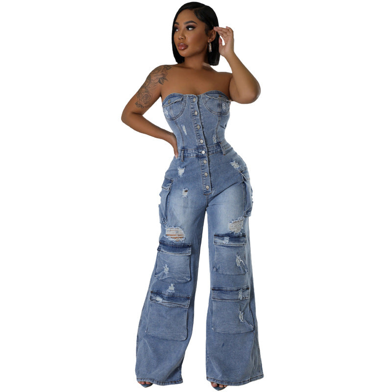 Slim Fit Backless Stretch Flared Sleeveless Denim Jumpsuit