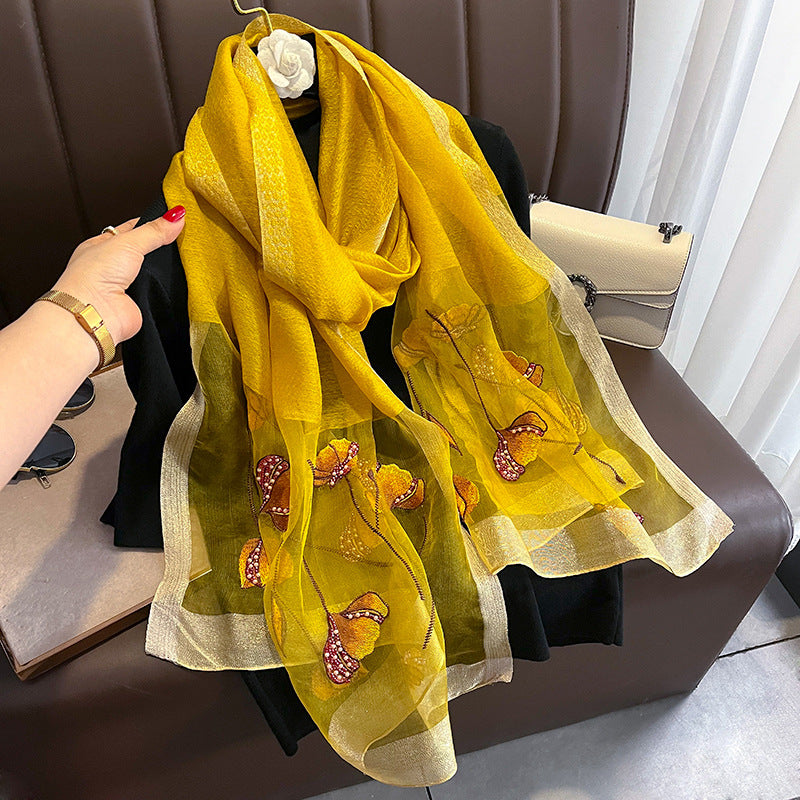 Chinese Style Pearl Flower Scarf Embroidered Silk Scarf Warm Shawl