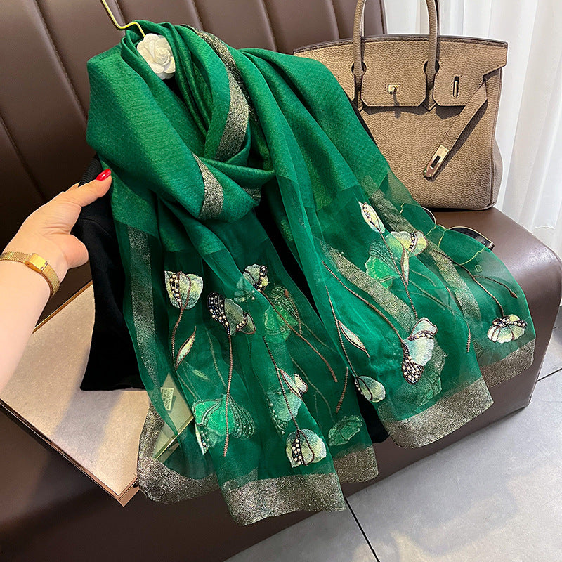 Chinese Style Pearl Flower Scarf Embroidered Silk Scarf Warm Shawl