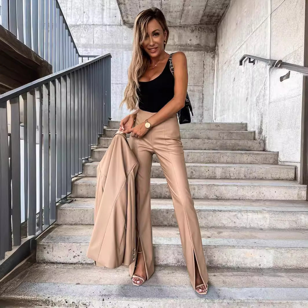 Elegant Slim Fit Casual Slit Leather Pants Women