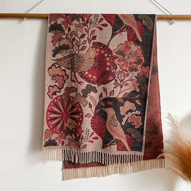 Birds And Plants Collision Combination Elegant Going Out Cashmere-like Warm Scarf Shawl