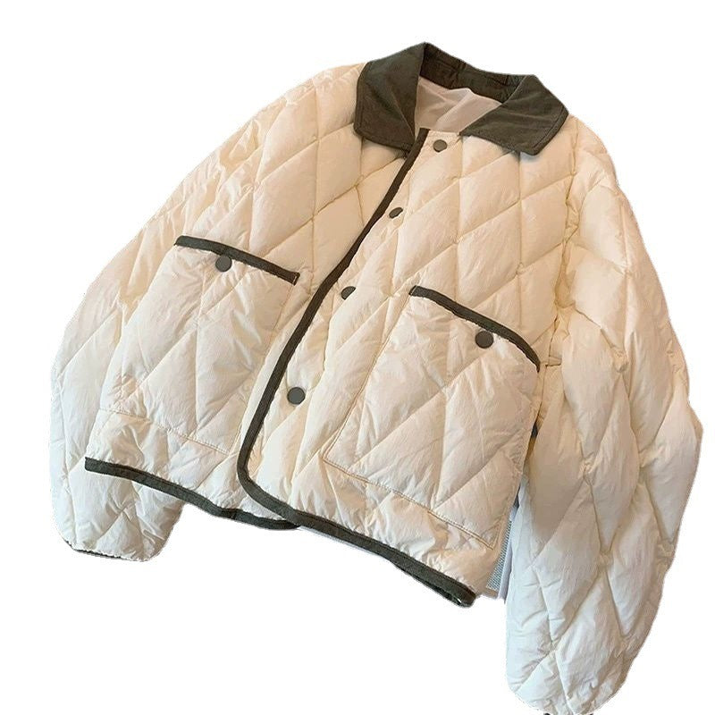 Style Hit Color Diamond Lattice Lapel Cotton-padded Jacket